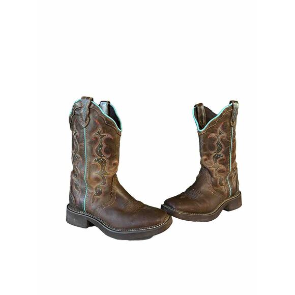Justin Boots Womens Size 7B Gypsy Raya L2900 12” Brown Turquoise Leather Western - Picture 2 of 14